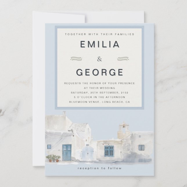 Convites Greek Blue Destination Wedding | Elegant  (Frente)