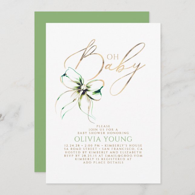Convites Green and Gold Bow Gender Neutral Baby Shower (Frente/Verso)