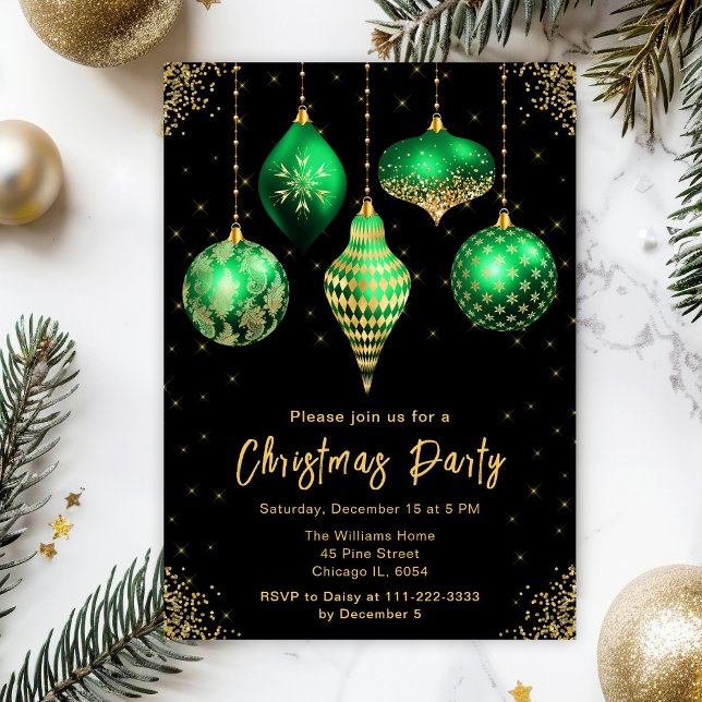 Convites Green and Gold Ornaments Christmas Party (Criador carregado)
