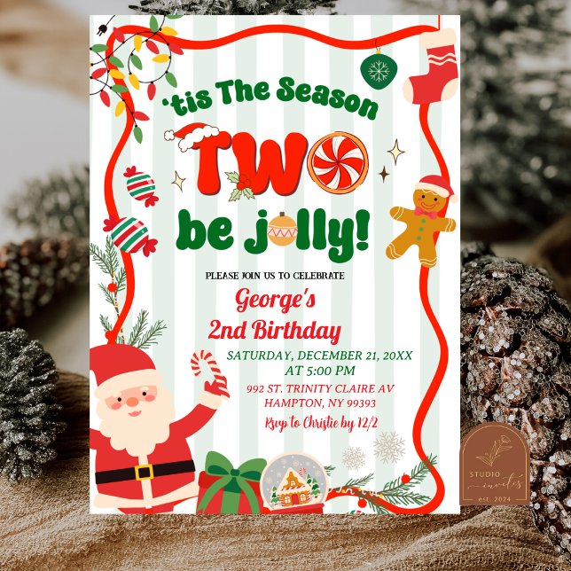 Convites Green and Red Retro Christmas Winter 2nd Birthday (Criador carregado)
