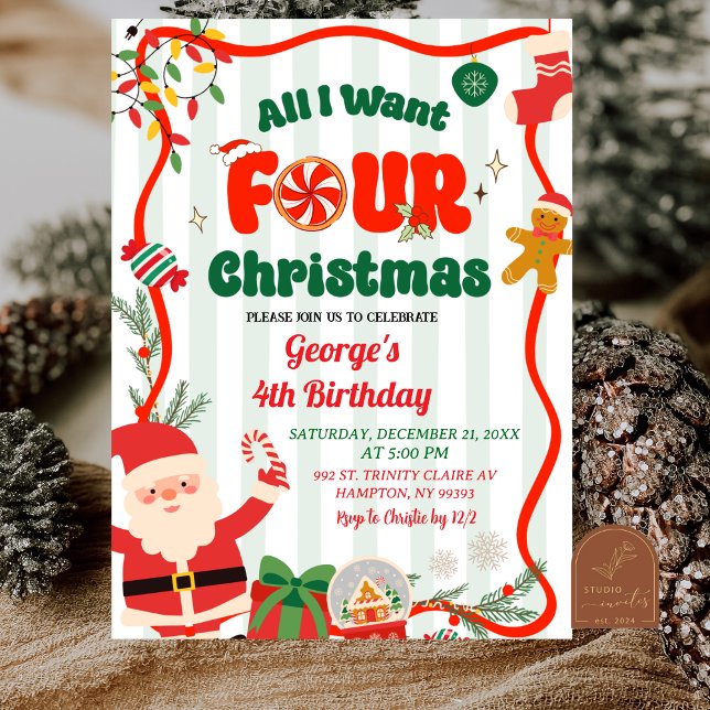 Convites Green and Red Retro Christmas Winter 4th Birthday (Criador carregado)