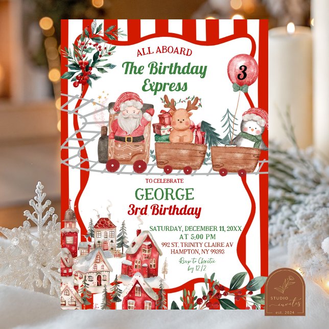 Convites Green and Red Retro Santa's Workshop Birthday (Criador carregado)