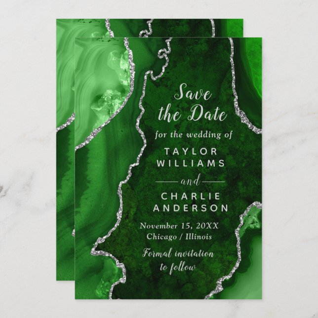 Convites Green and Silver Agate Marble Save The Date (Frente/Verso)