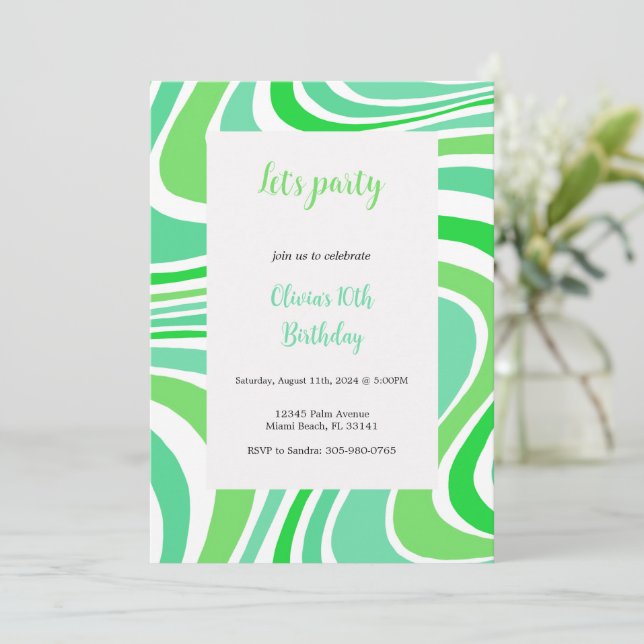 Convites green and turquoise groovy invitation (Em pé/Frente)