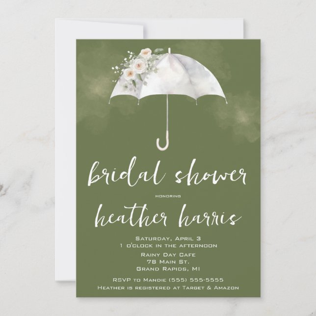 Convites Green and White Floral Umbrella Bridal Shower (Frente)