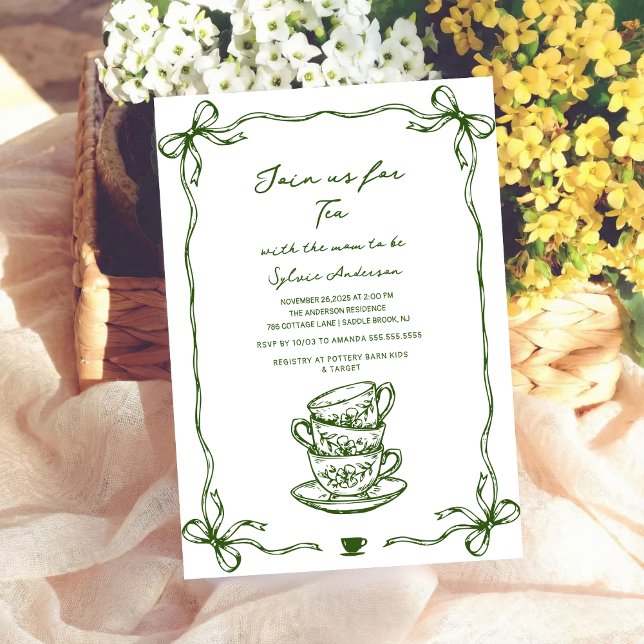 Convites green baby shower tea bow hand drawn (Criador carregado)