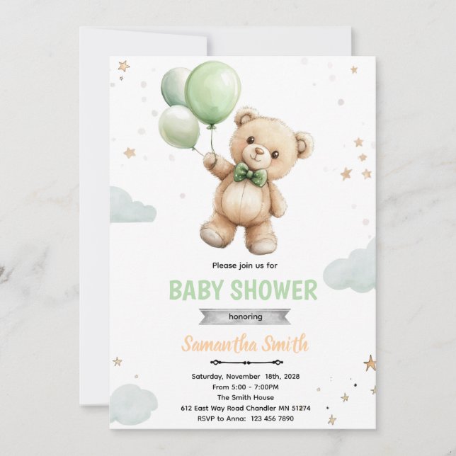 Convites Green balloon bear baby shower invitation (Frente)