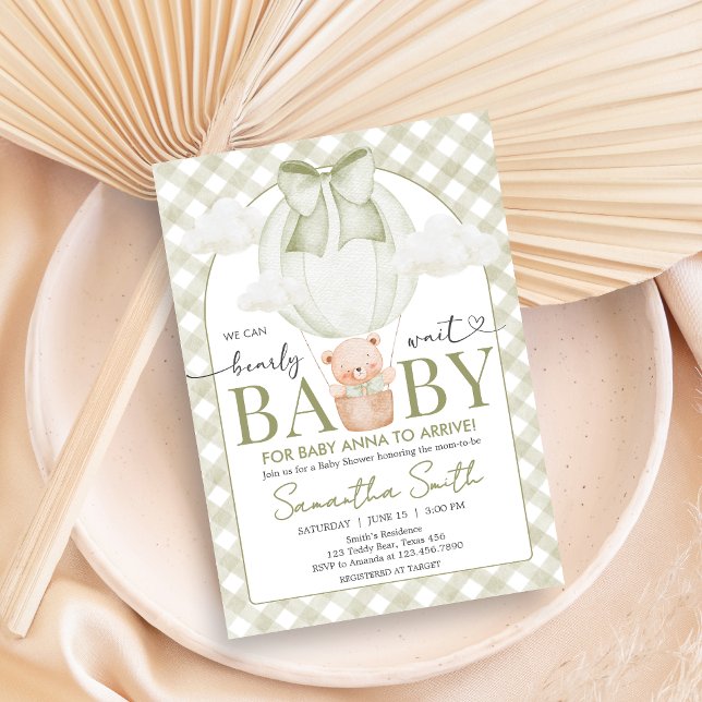 Convites Green Bear Bearly Wait Baby Shower (Sage Green Bear Hot Air Balloon Baby Shower Invitation)