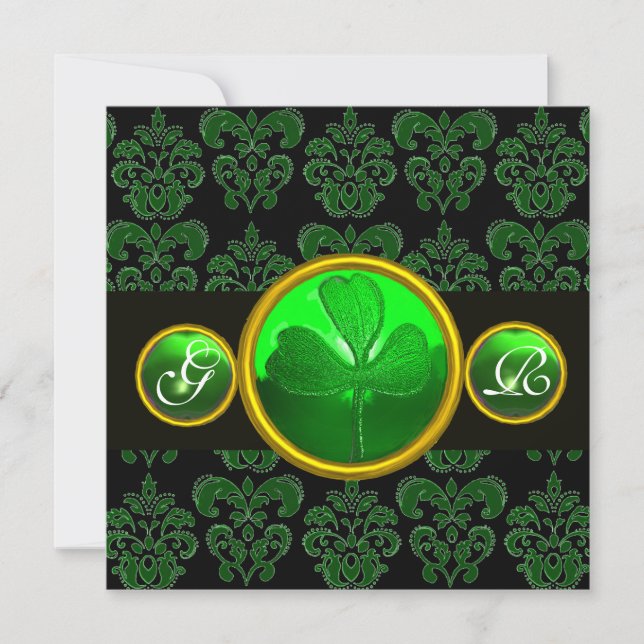 CONVITES GREEN BLACK DAMASK COM SHAMROCK EMERALD MONOGRAM (Frente)
