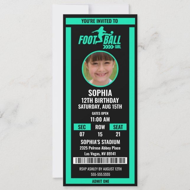 Convites Green Black Football Ticket Birthday Photo (Frente)