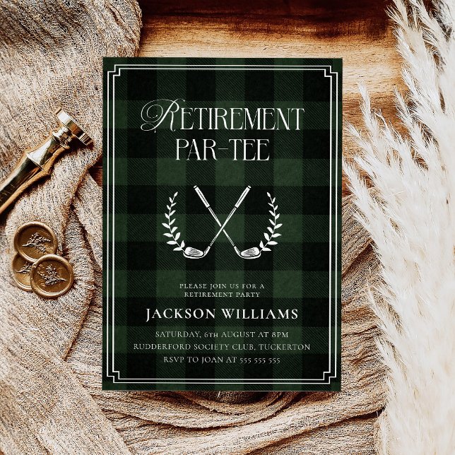 Convites Green & Black Plaid Golf Retirement Party (Criador carregado)