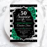 Convites Green Black Silver Surpresa 50º aniversário<br><div class="desc">Surpreenda o 50º Convite de aniversário. Design verde feminino preto, branco e esmeralda com prata brilhante falso. Apresenta faixas pretas e brancas, rosas, fontes de script e confetti. Perfeito para uma elegante comemoração de aniversário feminina. Pode ser personalizado para mostrar qualquer idade. Impressos convites Zazzle ou modelo de impressão digital...</div>