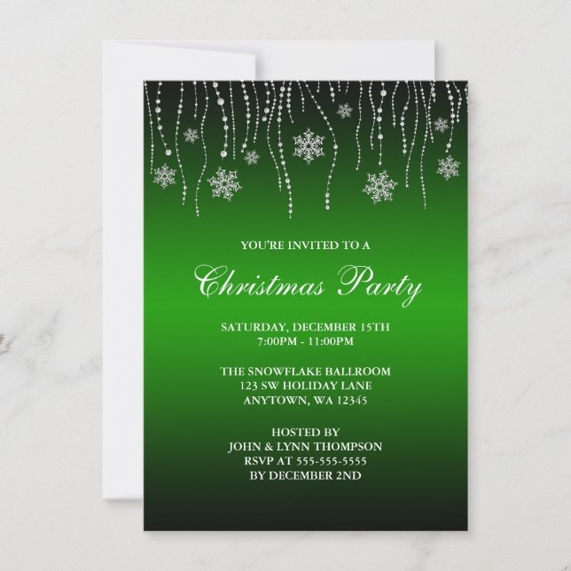 Convites Green Black Sparkle Snowflakes Festa de Natal (Frente)