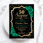 Convites Green Black Surpresa Dourada 50º aniversário<br><div class="desc">Surpreenda o 50º Convite de aniversário. Preto feminino e design verde esmeralda com ouro brilhante falso. Apresenta rosas,  fonte de script e confetti. Perfeito para uma elegante comemoração de aniversário feminina. Pode ser personalizado para mostrar qualquer idade. Impressos convites Zazzle ou modelo de impressão digital instantânea para download.</div>