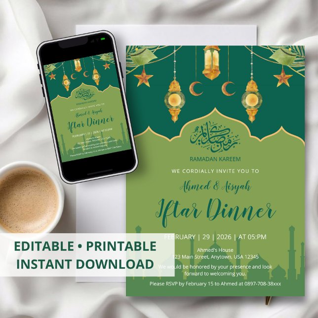Convites Green Botanical Mosque and Gold Lanterns Iftar (Criador carregado)