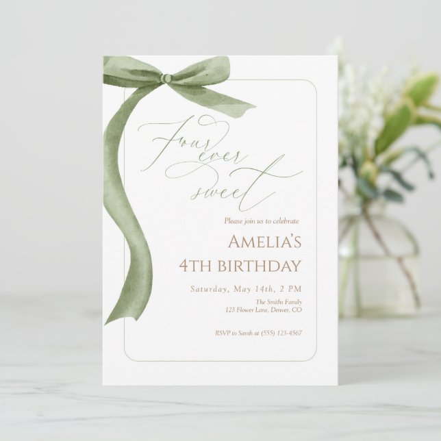 Convites Green Bow 4th Birthday Invitation Four Ever Sweet (Em pé/Frente)