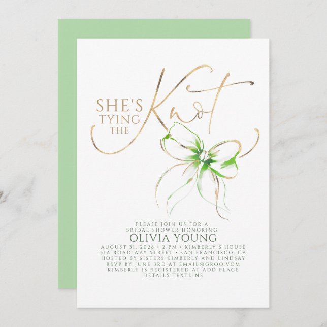 Convites Green Bow Elegant Modern Minimalist Bridal Shower (Frente/Verso)