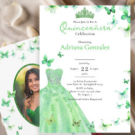 Convites Green Butterflies Dress Tiara Photo Quinceanera