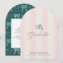 Convites Green Cap Pink Stripes Bow Graduation Announcement
