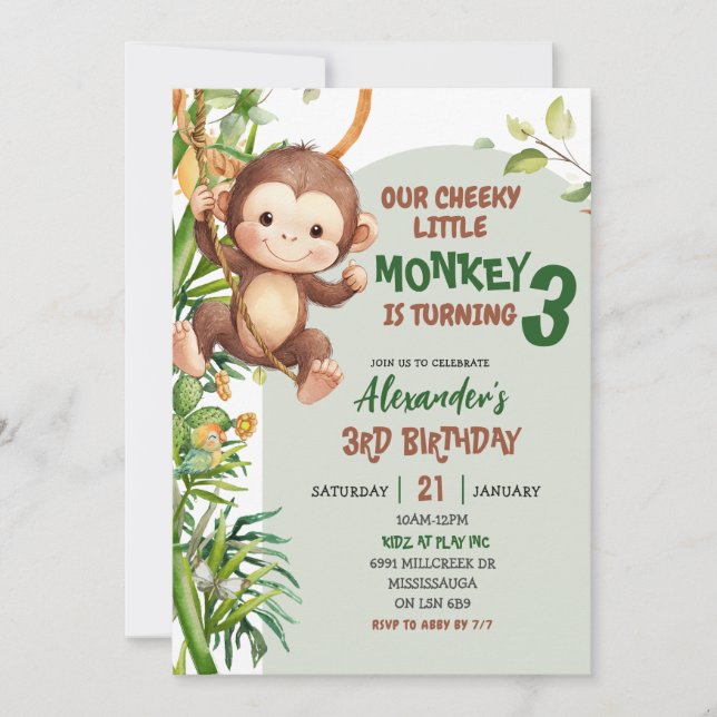 Convites Green Cheeky Little Monkey Savannah Theme Birthday (Frente)