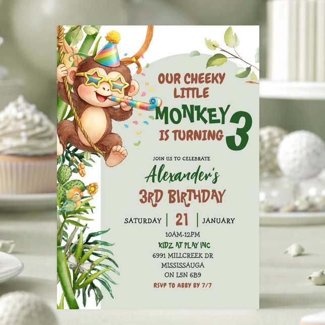 Convites Green Cheeky Little Monkey Savannah Theme Birthday (Criador carregado)