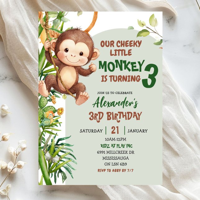 Convites Green Cheeky Little Monkey Savannah Theme Birthday (Criador carregado)