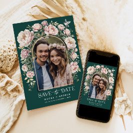 Convites Green Chinoiserie Floral Bird Foto para salvar a d