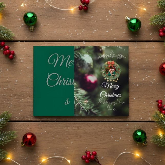 Convites Green Christmas Card with Family Photo (Criador carregado)