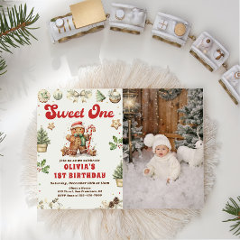 Convites Green Christmas Cookie Sweet One Birthday Photo