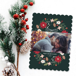 Convites Green Christmas Wreath Floral Holiday Photo Card