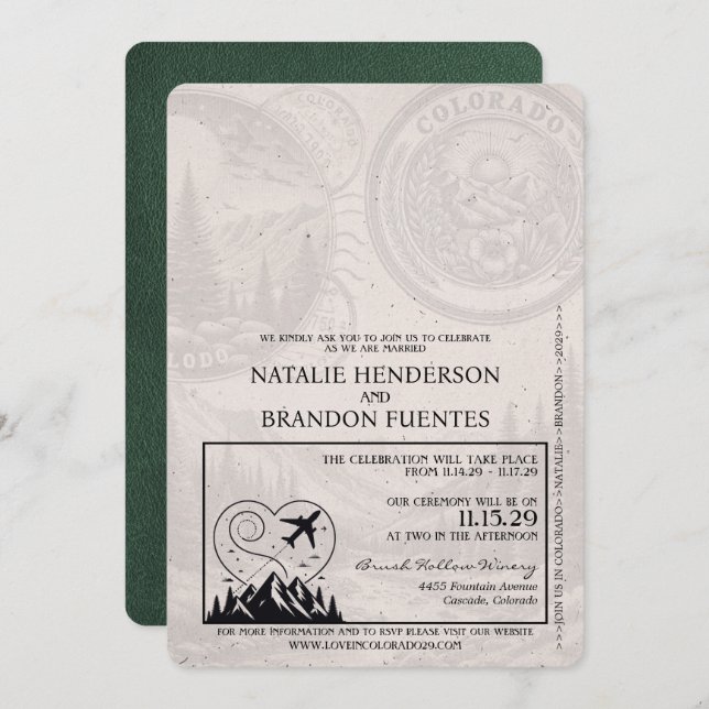 Convites Green Colorado Passport Wedding (Frente/Verso)