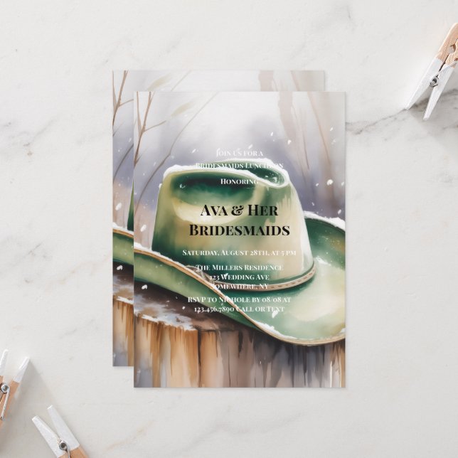 Convites Green Cowboy Hat in Snow Bridesmaids Luncheon  (Frente/Verso In Situ)
