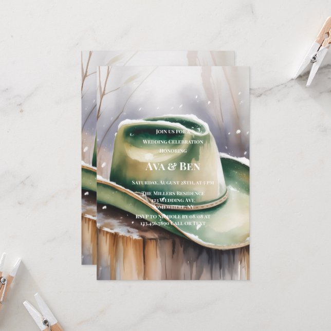Convites Green Cowboy Hat in Snow Wedding Celebration  (Frente/Verso In Situ)