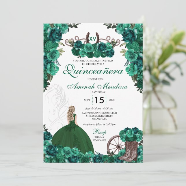 Convites Green Cowgirl Boots Ranking Charra Quinceañera (Em pé/Frente)