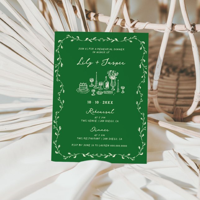 Convites Green Cream Hand Drawn Rehearsal Dinner (Criador carregado)