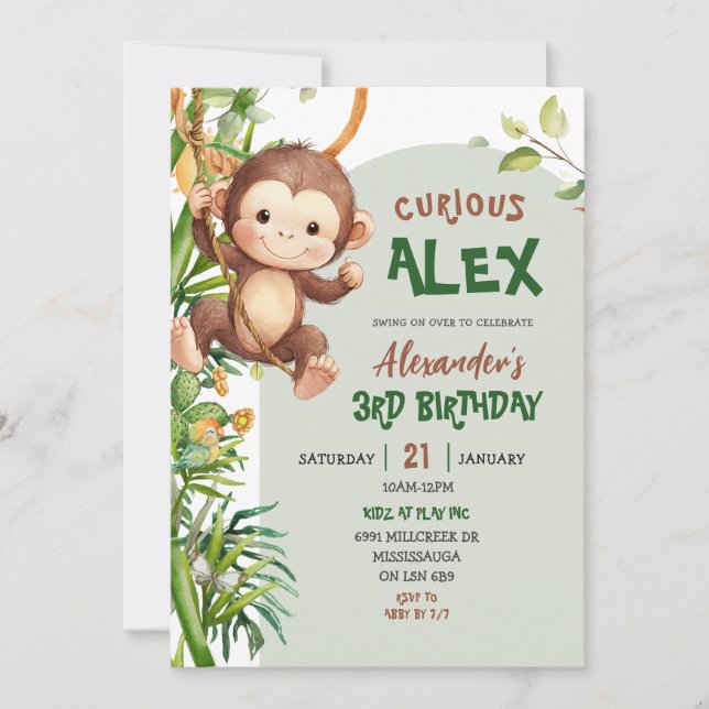 Convites Green Curious Monkey Safari Theme Birthday (Frente)