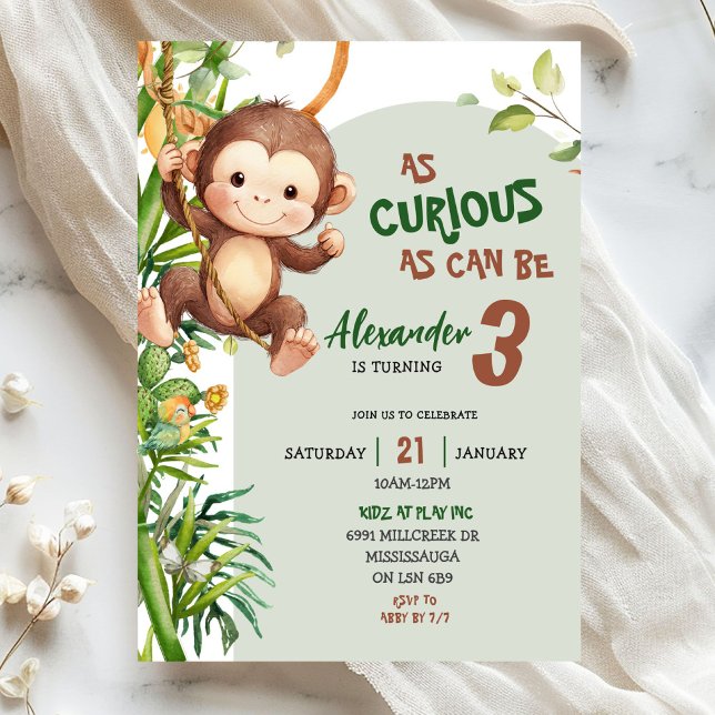 Convites Green Curious Monkey Savannah Theme Birthday (Criador carregado)