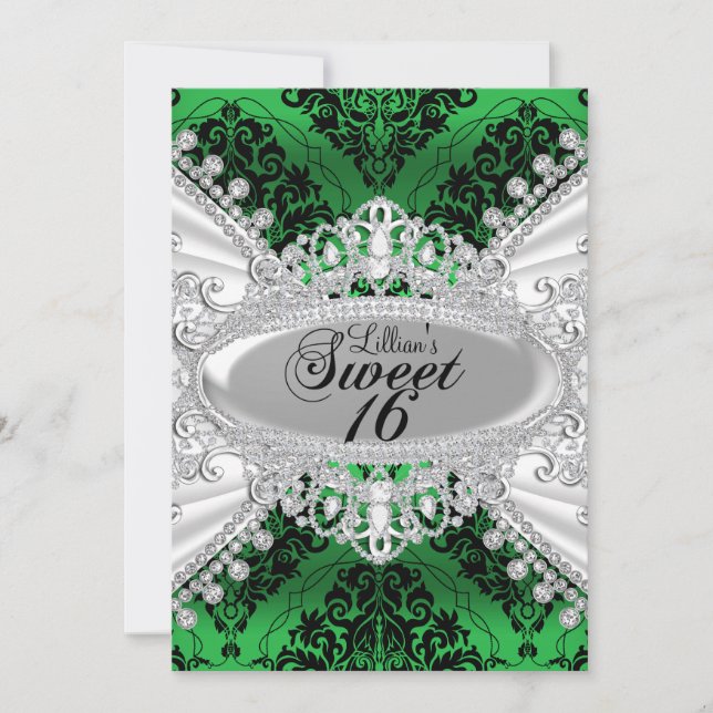 Convites Green Damask & Diamond Tiara Sweet 16 Invite (Frente)