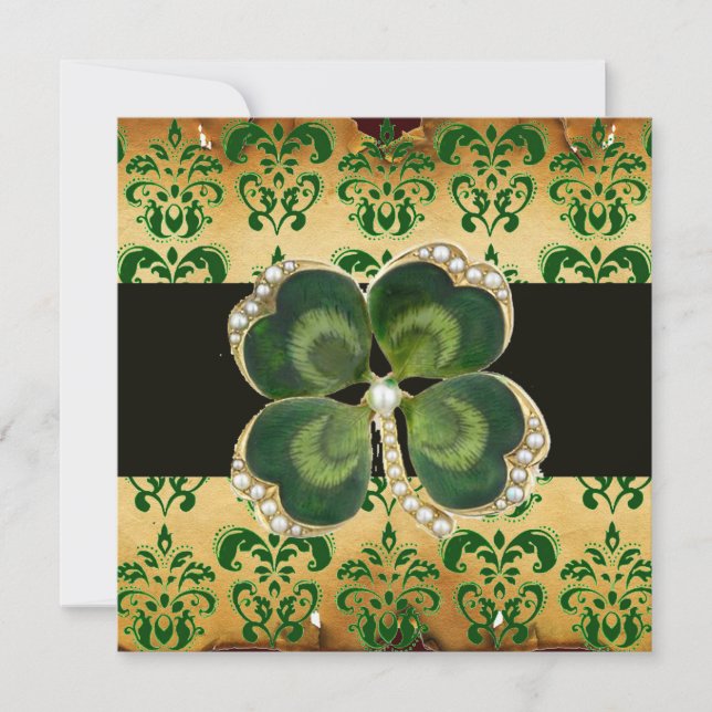 CONVITES GREEN DAMASK, DOURADA SHAMROCK JEWEL COM PÉARAS BR (Frente)