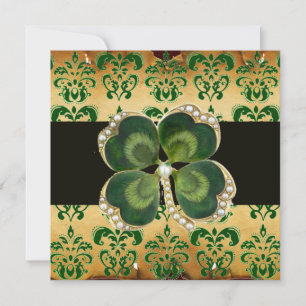 CONVITES GREEN DAMASK, DOURADA SHAMROCK JEWEL COM PÉARAS BR