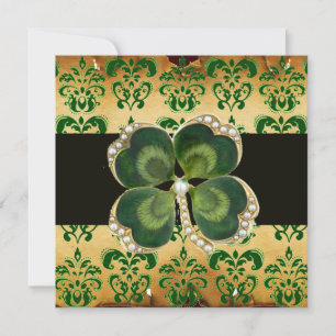 CONVITES GREEN DAMASK, JOIAS DE SHAMROCK DOURADO COM PÉROL