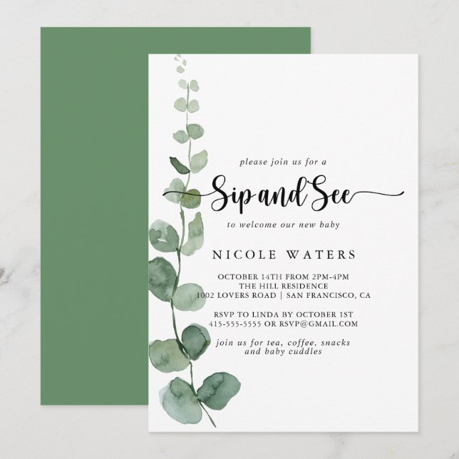 Convites Green Delight Eucalyptus Calliographic Sip and See (Frente/Verso)