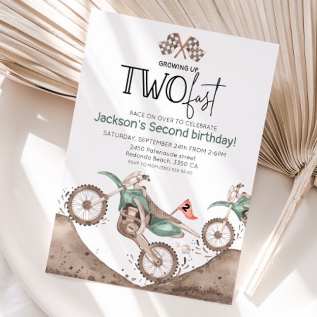 Convites Green Dirt Bike 2nd birthday - Growing up two fast (Green dirt bike growing up two fast, watercolor birthday invitation)
