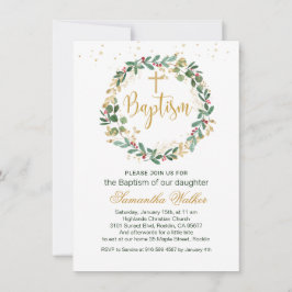 Convites Green Dourado Foliage Red Berry Cross Baptism Conv