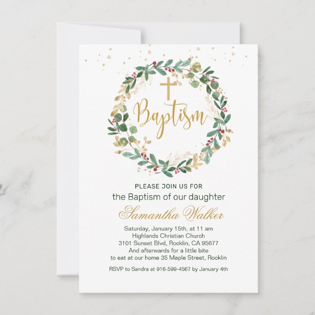 Convites Green Dourado Foliage Red Berry Cross Baptism Conv (Frente)