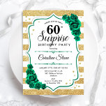 Convites Green Dourado White Surprise 60º aniversário<br><div class="desc">Surpresa 60º Convite de aniversário. Design verde feminino com ouro brilhante falso. Apresenta faixas brancas e douradas,  rosas,  fontes de script e confetti. Perfeito para uma elegante comemoração de aniversário feminina. Pode ser personalizado para mostrar qualquer idade. Impressos convites Zazzle ou modelo de impressão digital instantânea para download.</div>