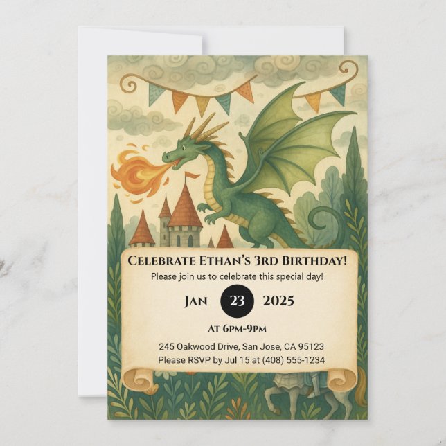 Convites Green Dragon and Knight in Enchanted Birthday (Frente)
