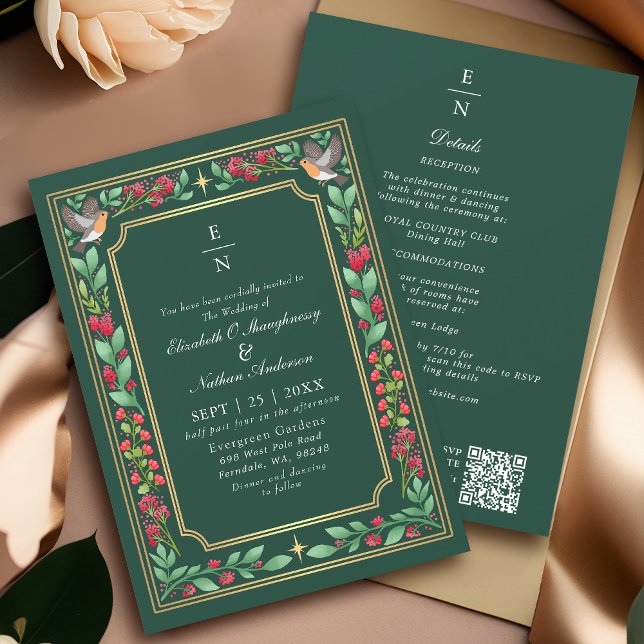 Convites Green Enchanting Botanical Floral Wedding QR Code (Criador carregado)