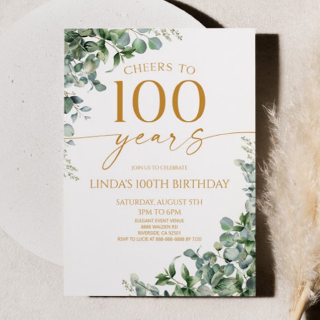Convites Green Eucalyptus Gold 100th Birthday Party (Criador carregado)
