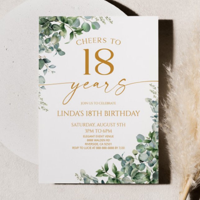Convites Green Eucalyptus Gold 18th Birthday Party (Criador carregado)